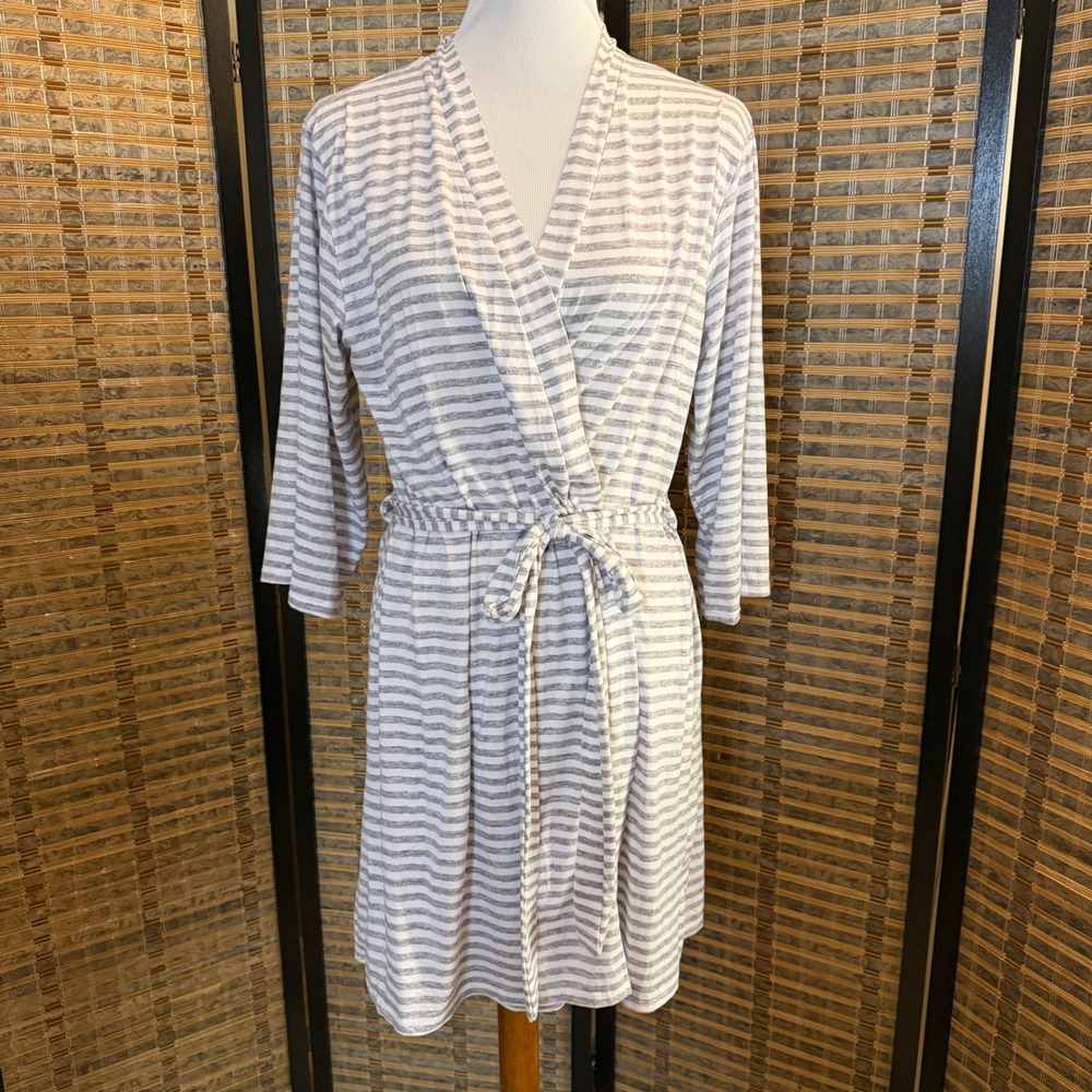 Laura Ashley Robe Women Large Grey White Striped Jersey Knit Wrap Belted Lounger